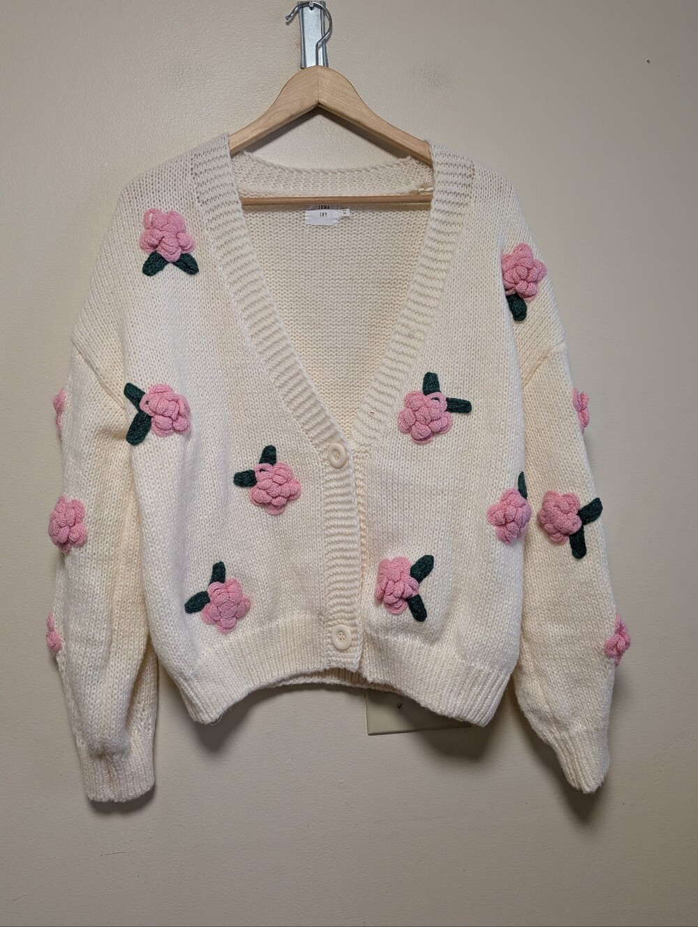 Luna Ivy 3D Rose Cardigan Sweater Ivory Pink Floral Size M